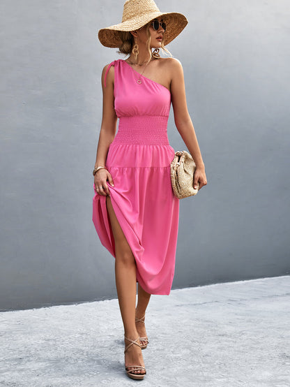 Asymmetrical One Shoulder Smocked Waist Midi Dress | AdoreStarr