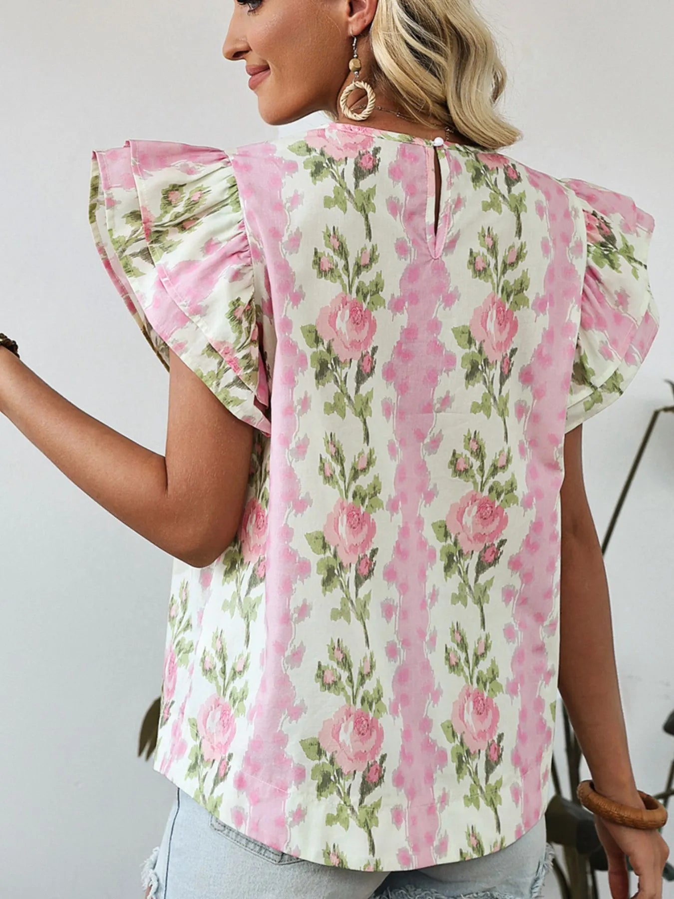 Floral Print Ruffled Sleeve Blouse -