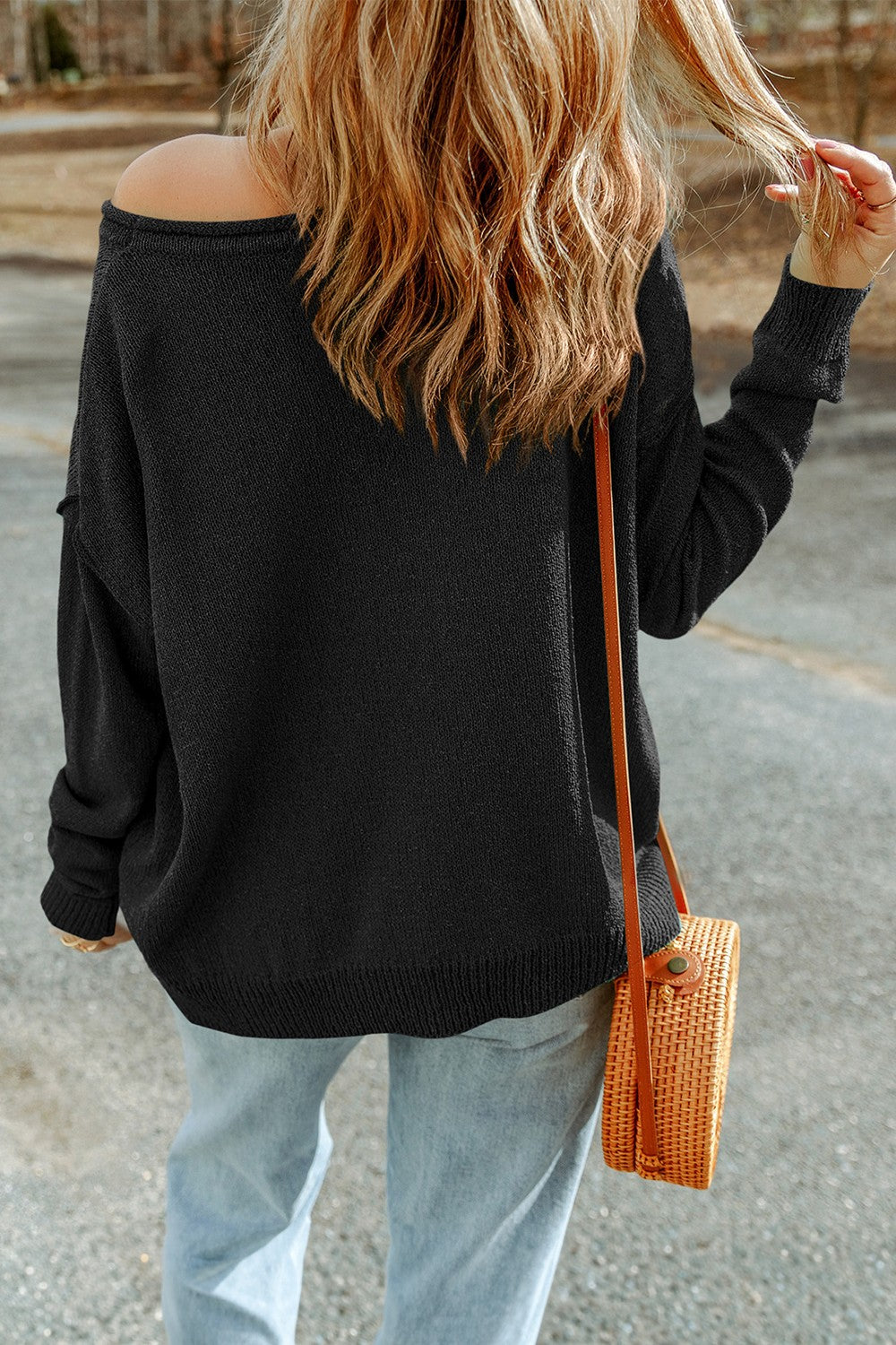 Pumpkin Round Neck Long Sleeve Knit Top - Black