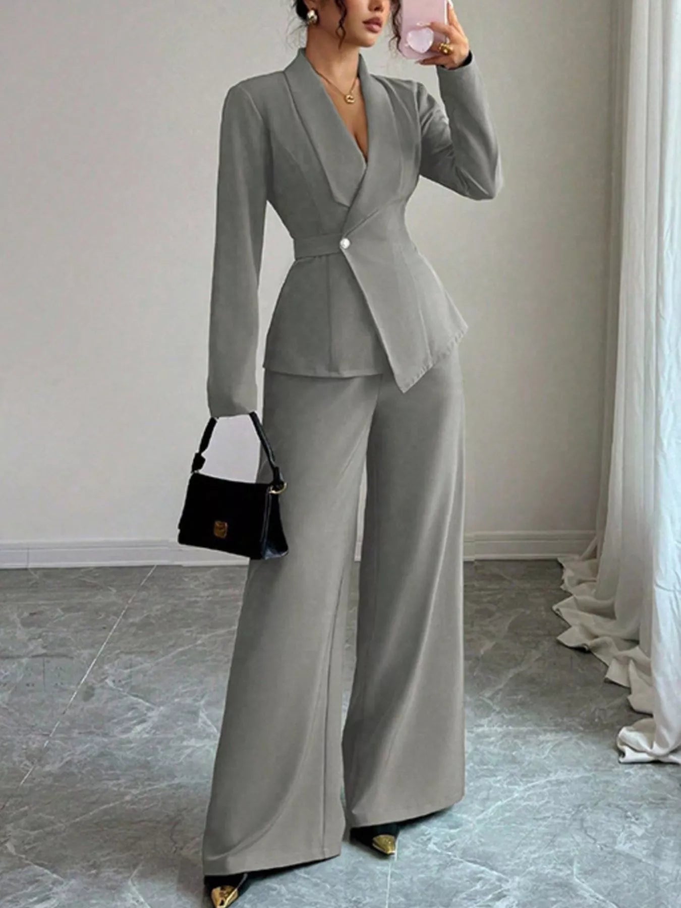 One Button Blazer and Pants Set - Gray