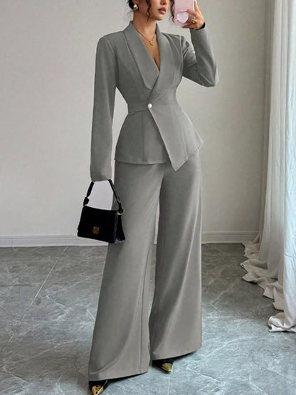 One Button Blazer and Pants Set - Gray