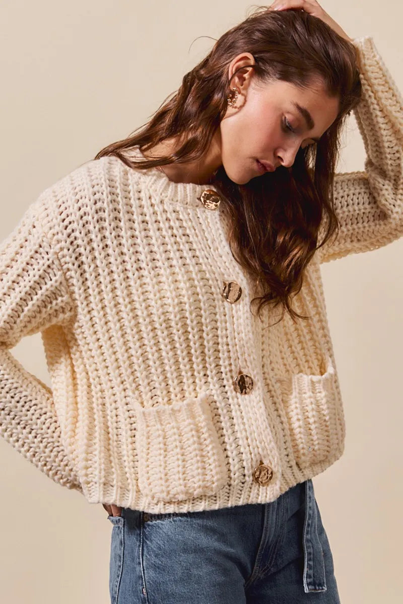 Metal Button Long Sleeve Chunky Sweater Cardigan - Cream