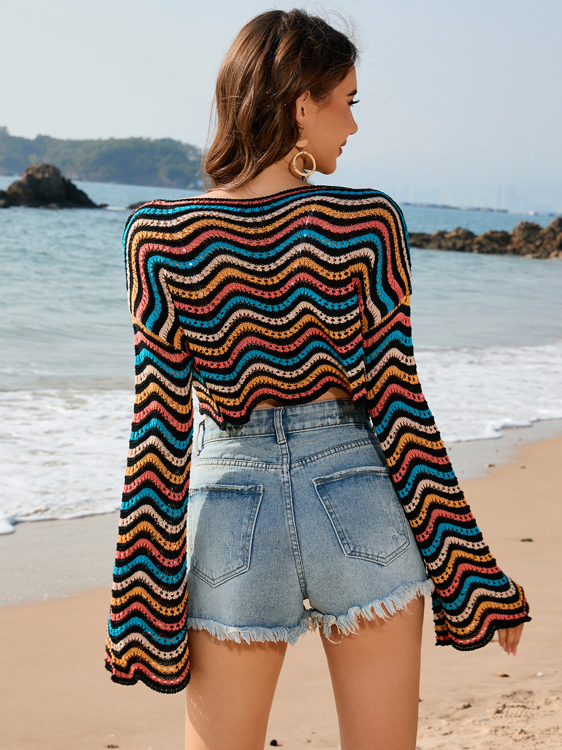 Striped Boat Neck Long Sleeve Cover-Up | AdoreStarr