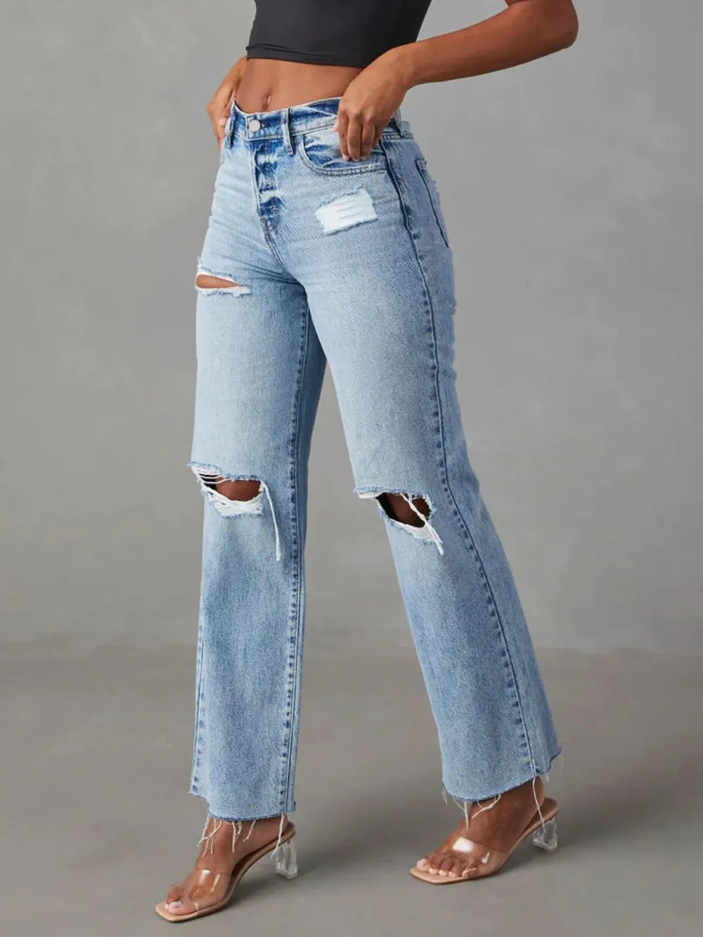 Distressed Straight Leg Jeans -