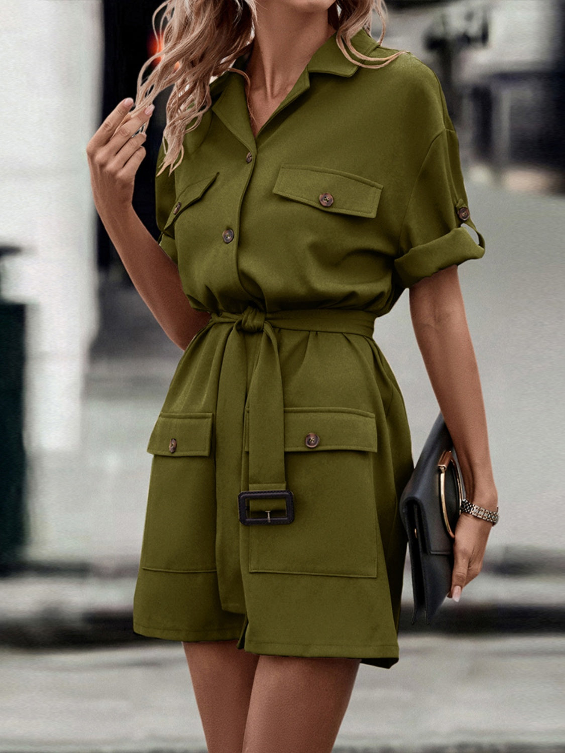 Tie Waist Collared Dress - Army Green