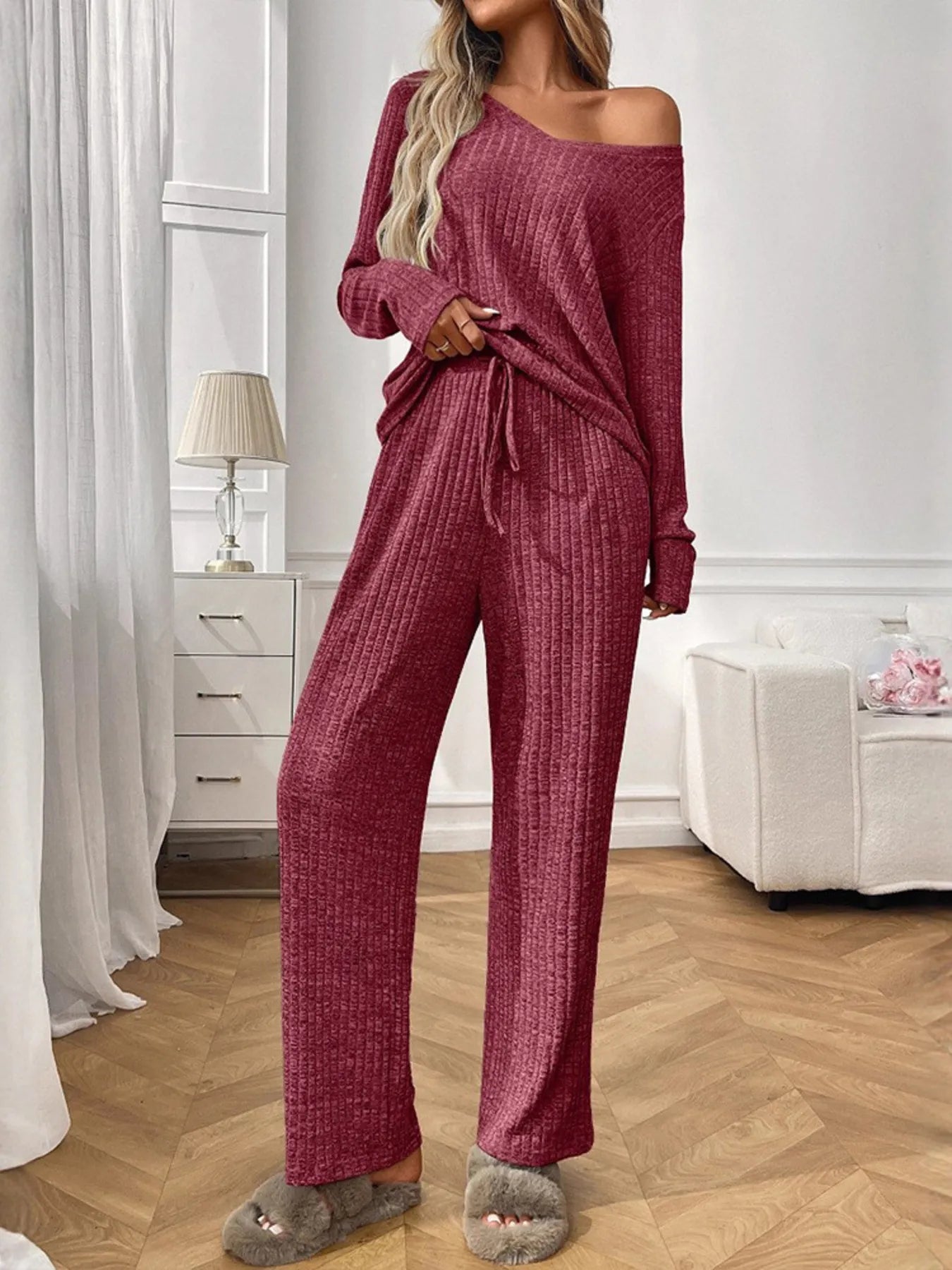 Ribbed Long Sleeve Top and Pants Lounge Set -