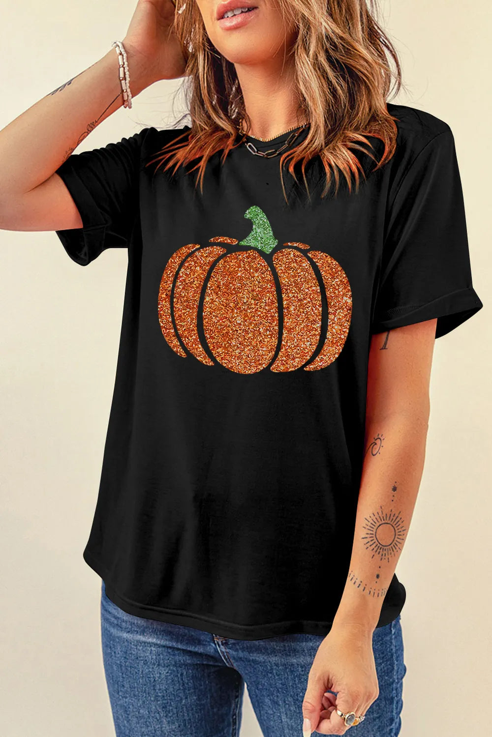 Glitter Pumpkin Round Neck T-Shirt -