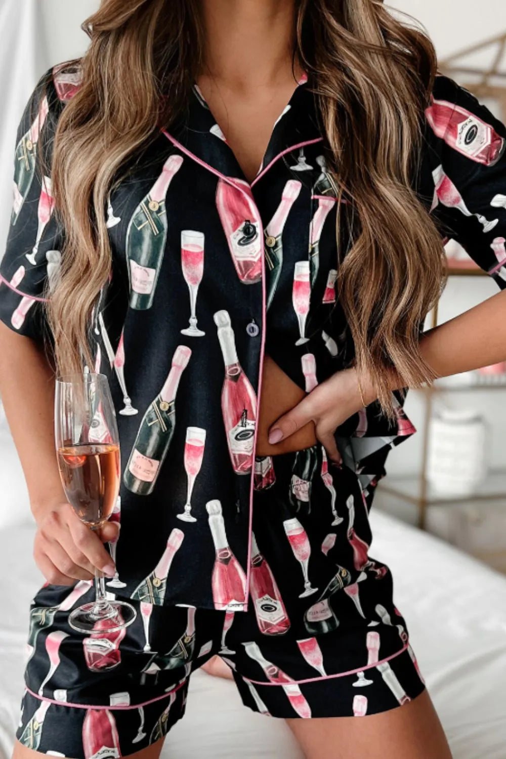 Champagne Print Short Sleeve Top and Shorts Set - Black