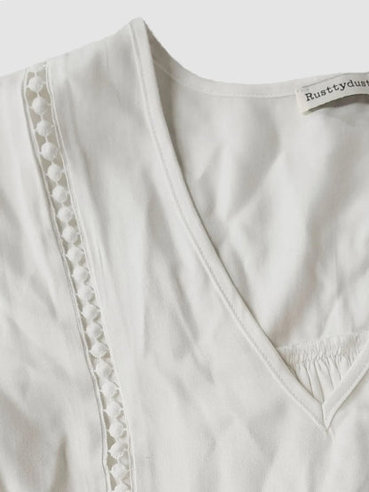 V-Neck Lace Flounce Sleeve Top - White