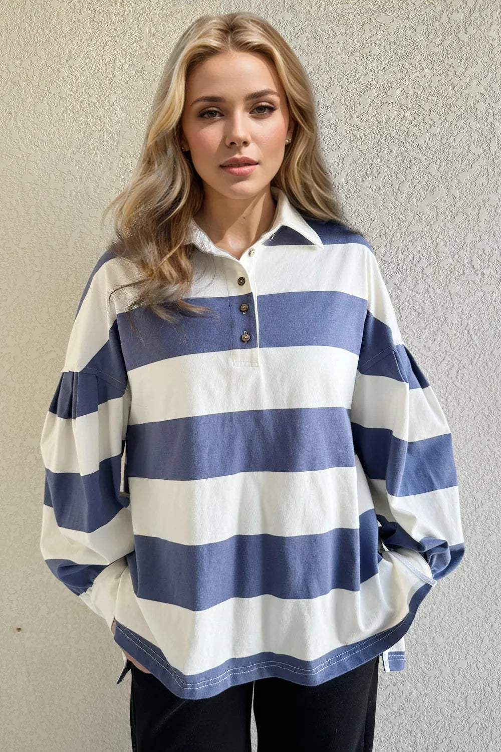Wide Striped Collared Neck Top -