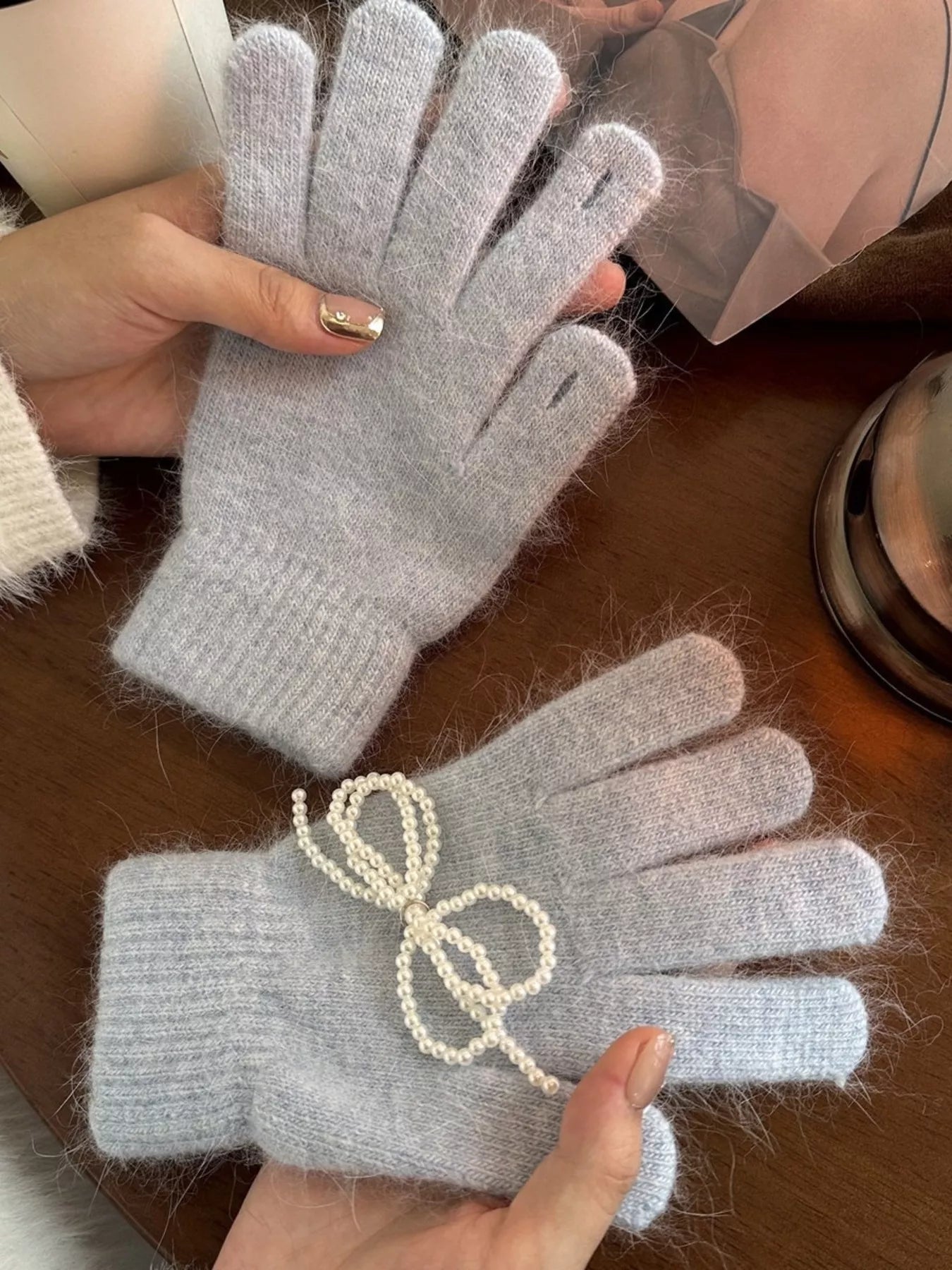 Pearl Embellished Knit Gloves - Sky Blue One Size