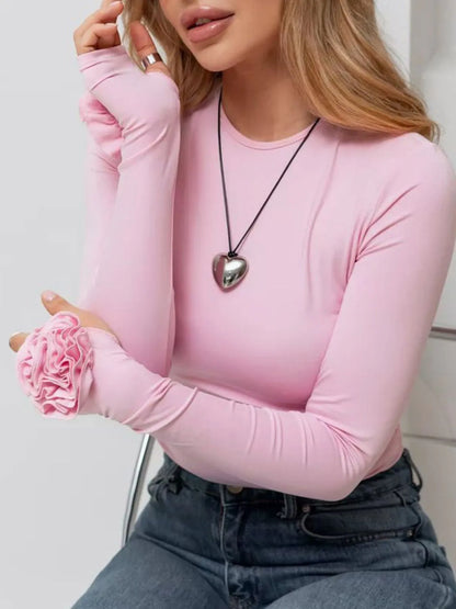 Flower Round Neck Long Sleeve T-Shirt - Blush Pink