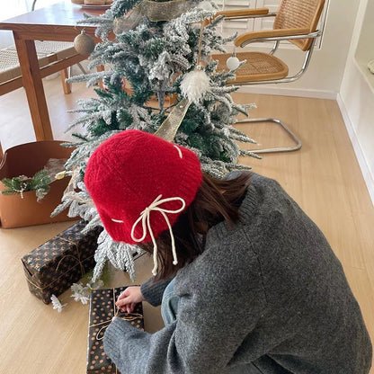 Drawstring Knitted Hat - Red One Size