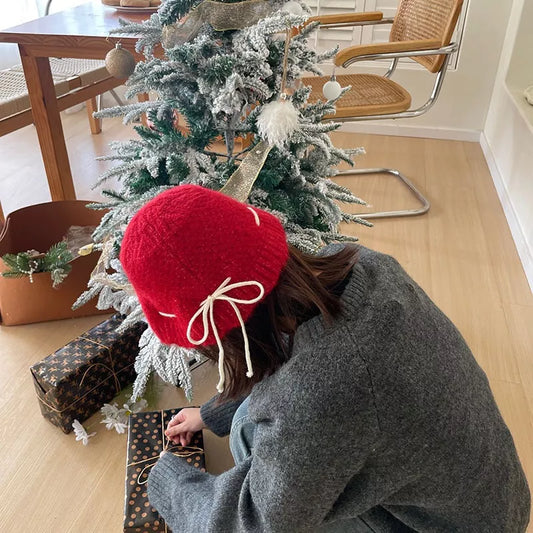 Drawstring Knitted Hat - Red One Size