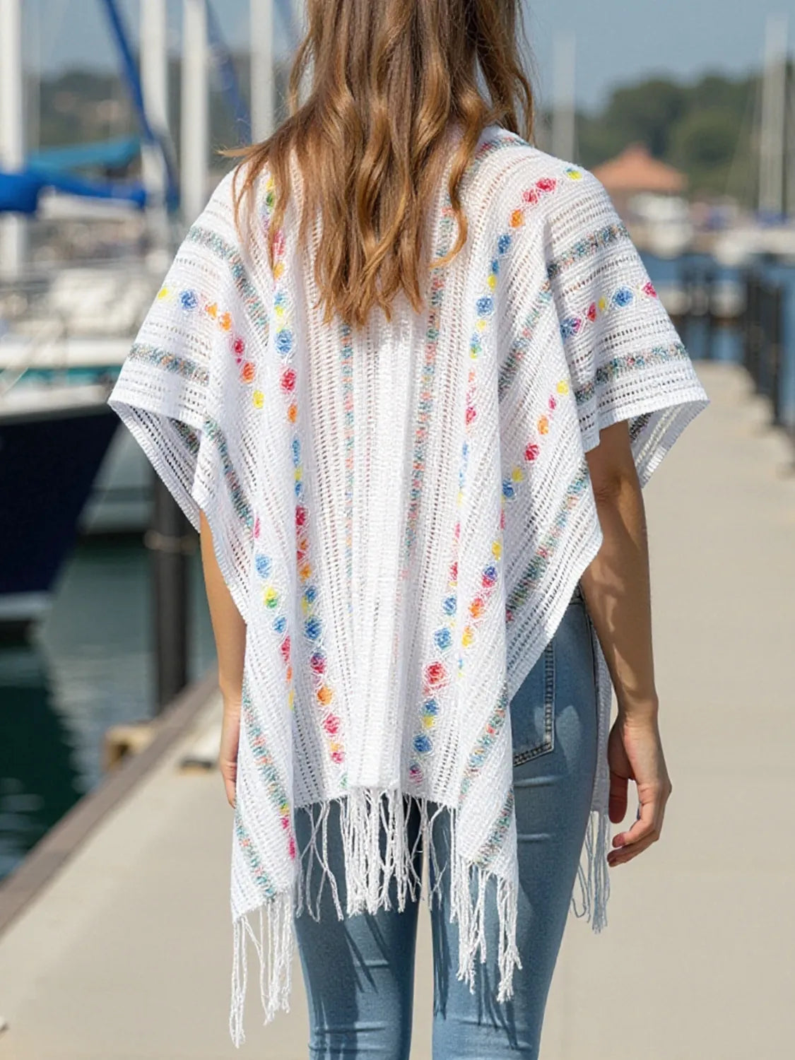 Openwork Fringe Open Front Knit Cape - White One Size