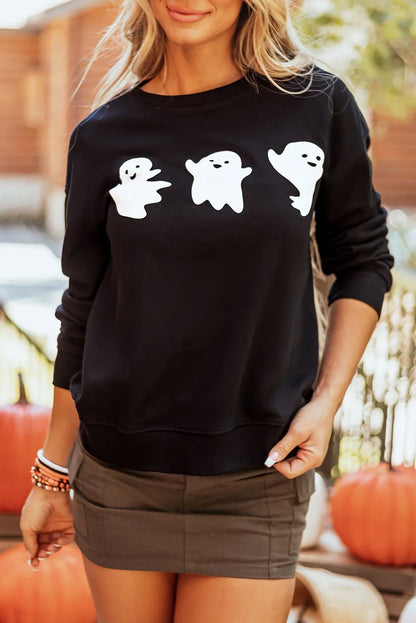 Ghost Round Neck Long Sleeve Sweatshirt - Black