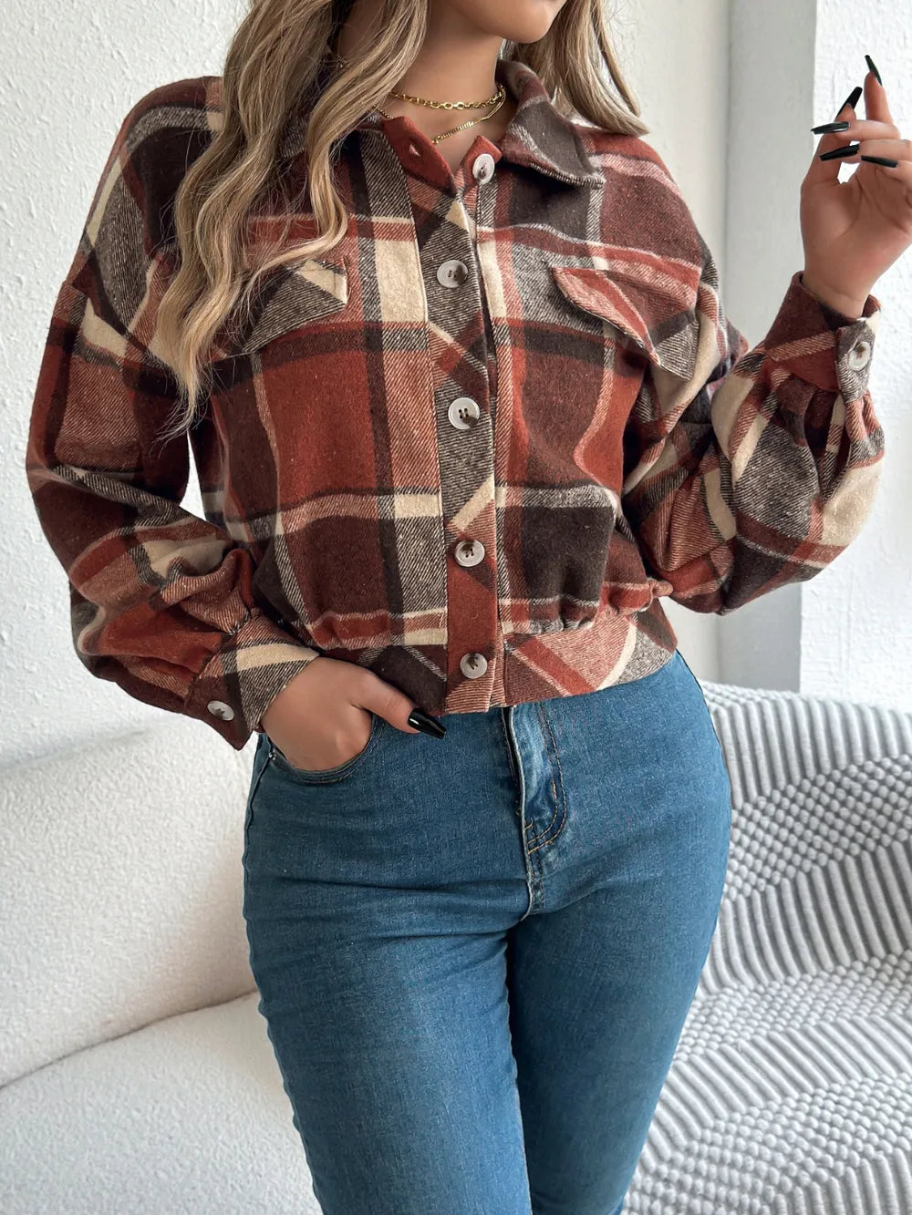 Plaid Button Up Long Sleeve Jacket - Terracotta