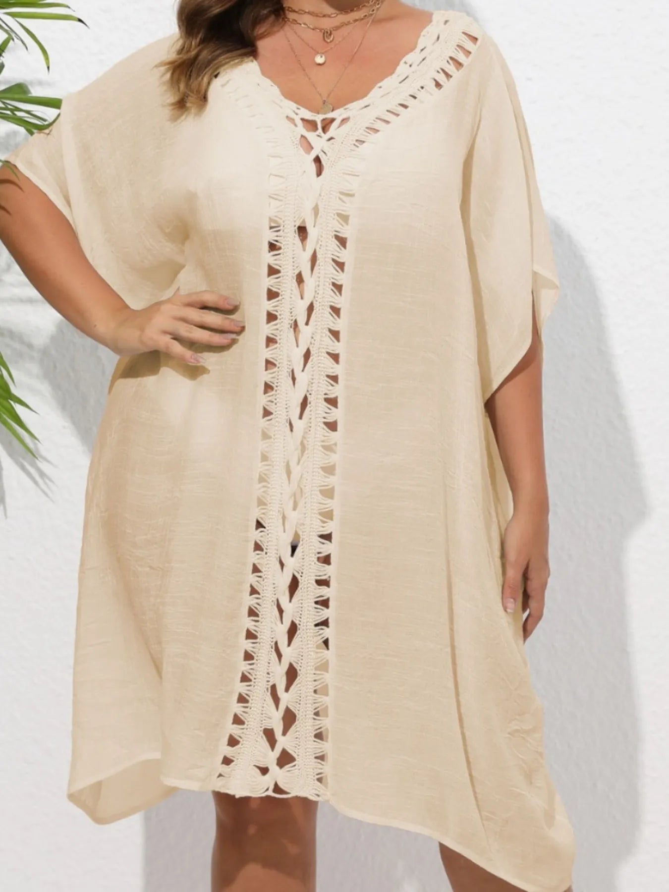 Crochet Trim V-Neck Beach Cover-Up Dress -