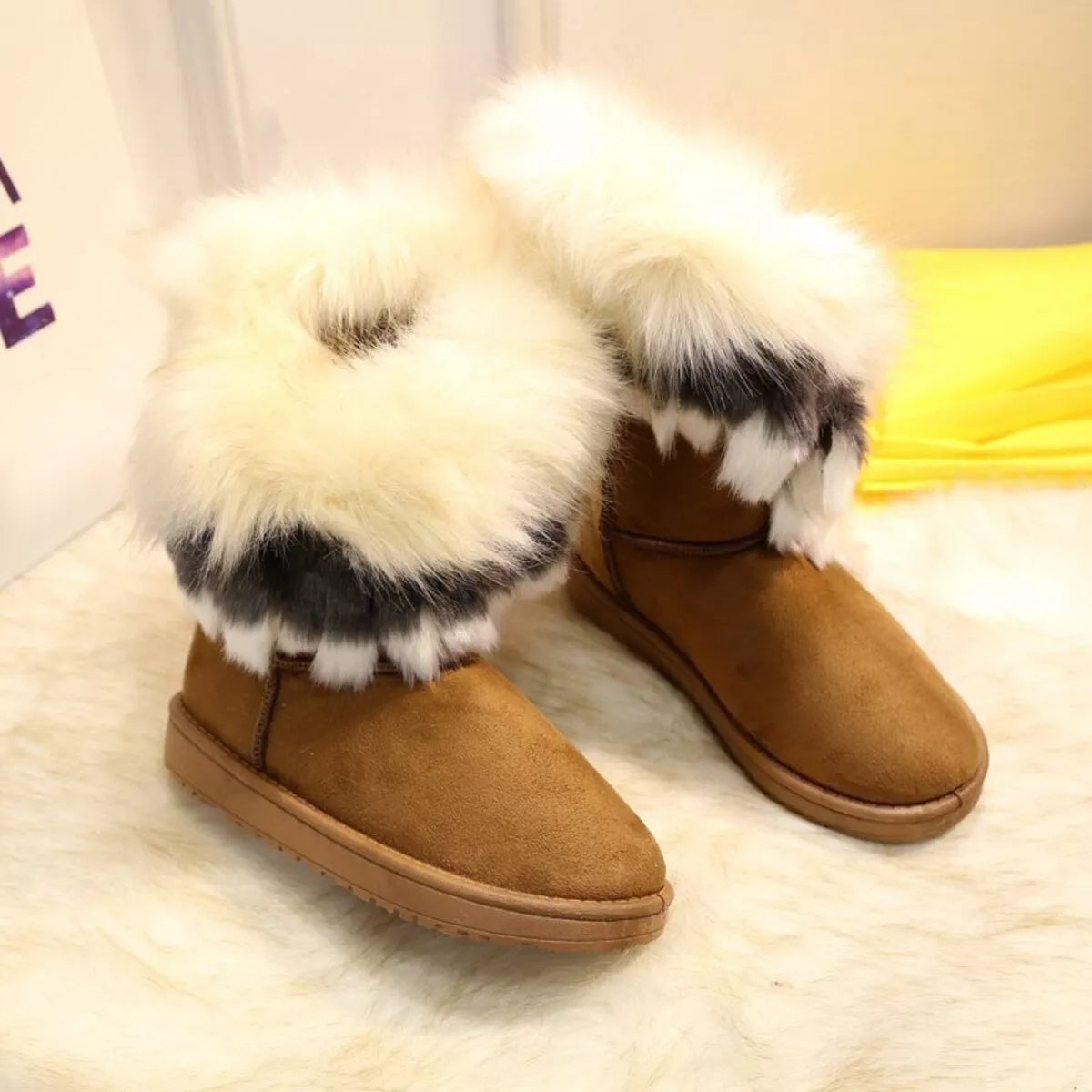 Fluffy Fur Cuff Round Toe Boots - Yellowish Brown
