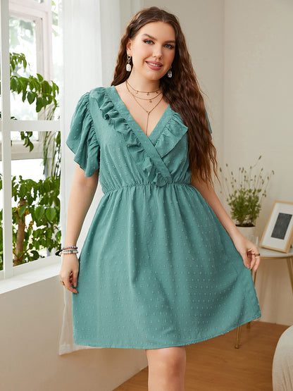 Plus Size Swiss Dot Ruffled Surplice Flutter Sleeve Mini Dress - Teal