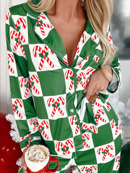 Candy Cane Checkered Pattern Pajama Set - Green