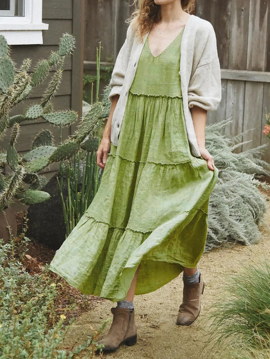 Tiered Frill V-Neck Sleeveless Dress - Green