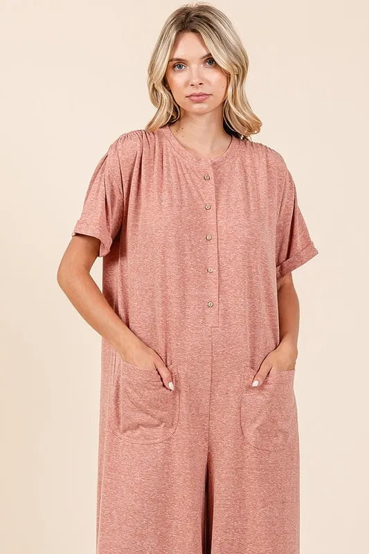 Button Detail Short Sleeve Wide Leg Jumpsuit -