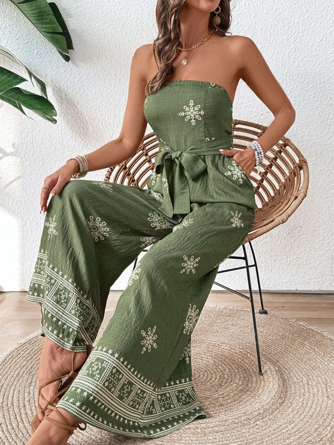 Printed Wide Leg Tube Jumpsuit -