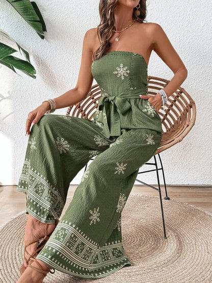 Printed Wide Leg Tube Jumpsuit -