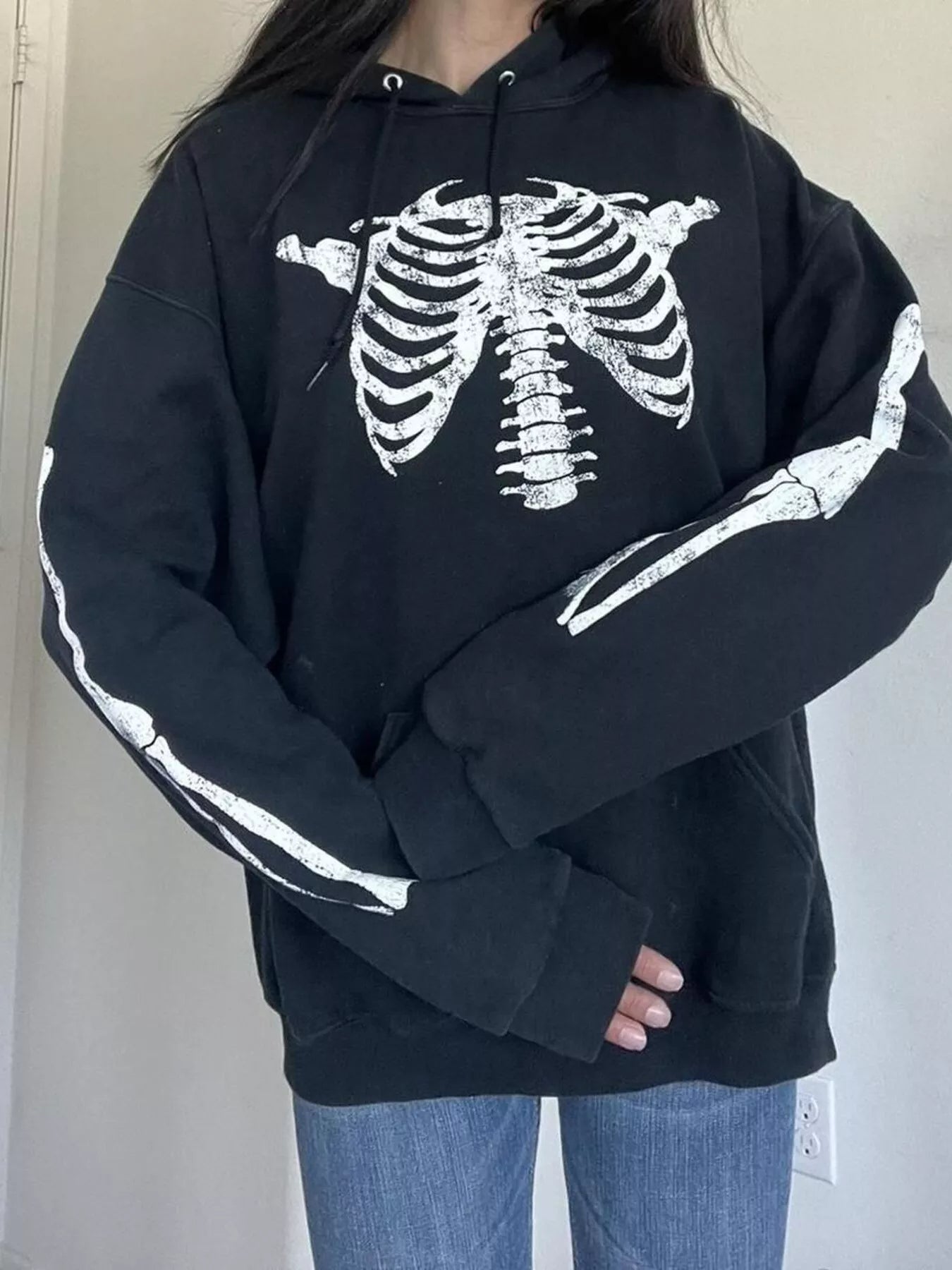 Drawstring Skeleton Long Sleeve Hoodie -