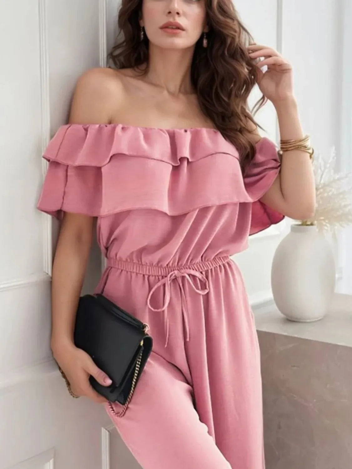 Off-Shoulder Ruffled Wide Leg Jumpsuit -