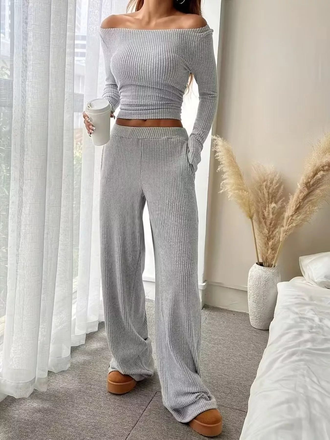Ribbed Knit Boat Neck Top and Pants Set - Light Gray