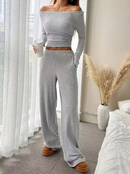 Ribbed Knit Boat Neck Top and Pants Set - Light Gray