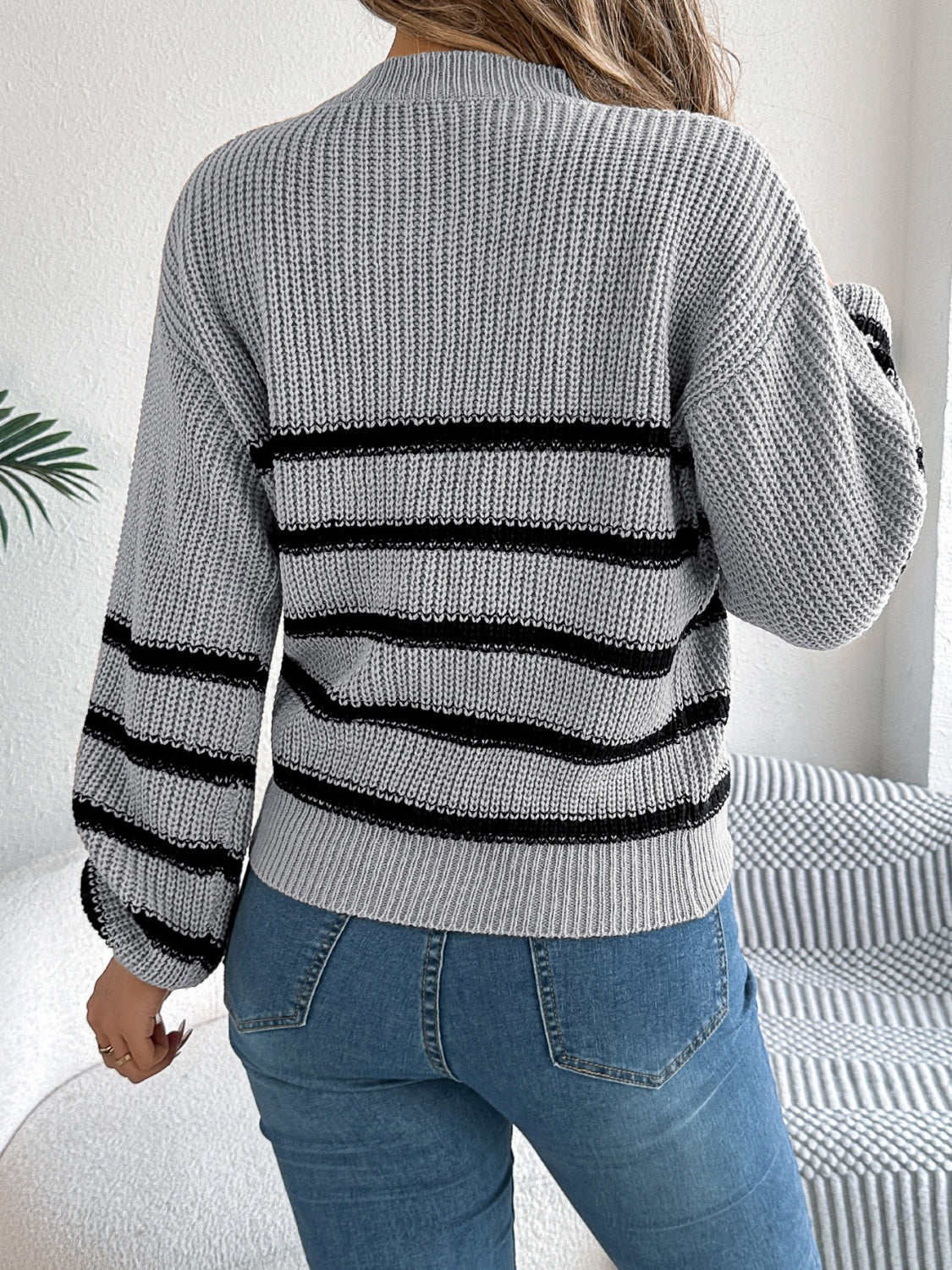 Striped Round Neck Long Sleeve Sweater - Gray