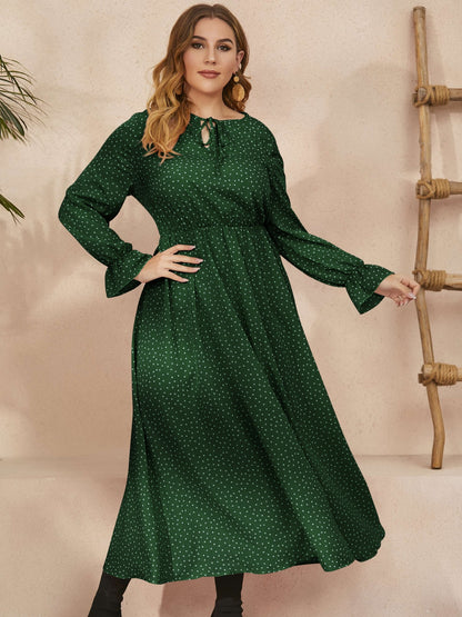 Plus Size Ruffled Polka Dot Long Sleeve Midi Dress - Dark Green