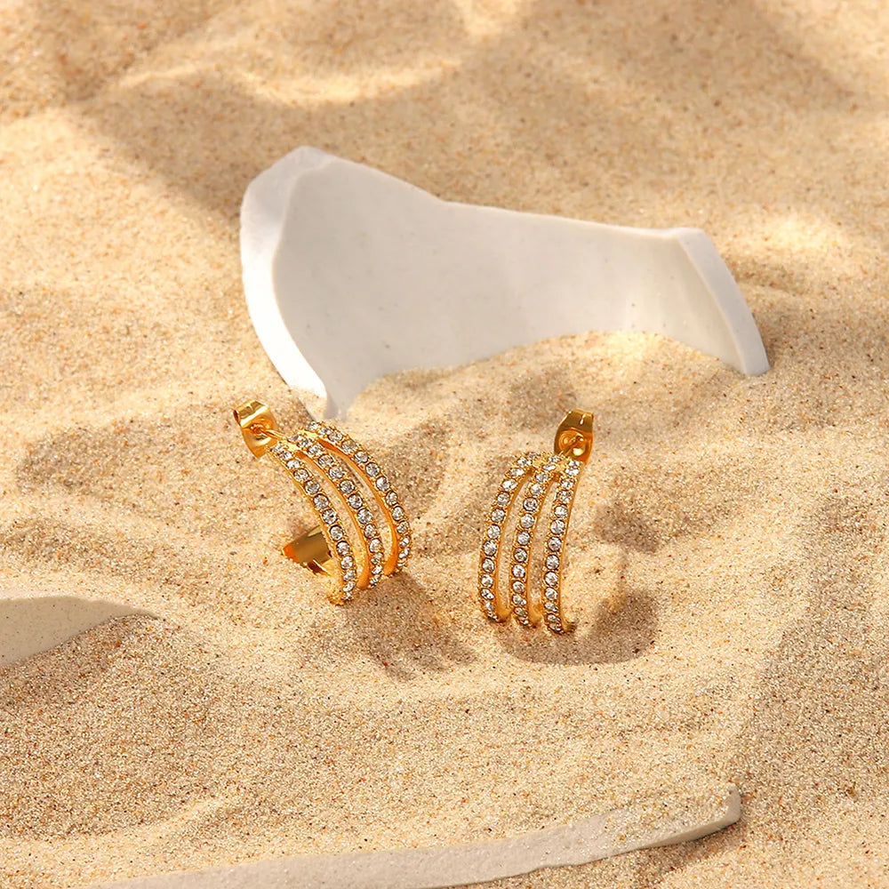 Stainless Steel Inlaid Zircon C-Hoop Earrings - Gold One Size