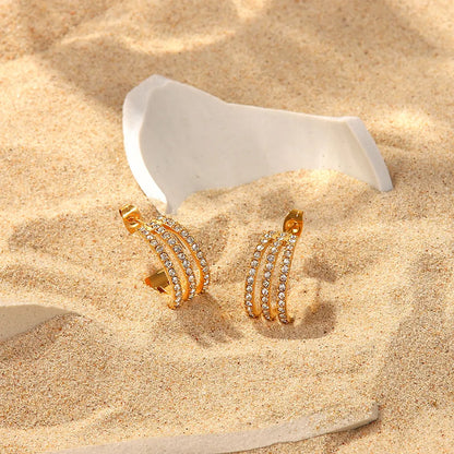 Stainless Steel Inlaid Zircon C-Hoop Earrings - Gold One Size