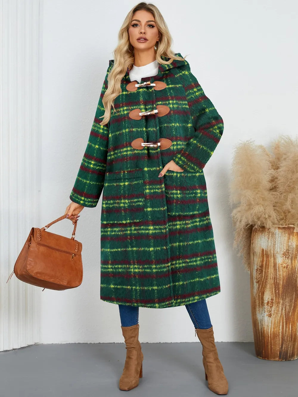 Plaid Long Sleeve Hooded Coat - Dark Green