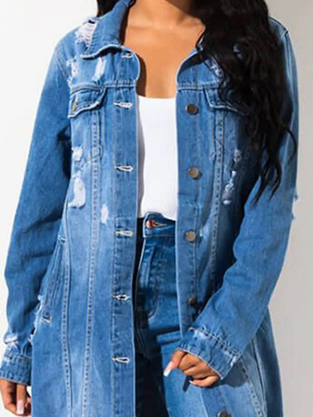 Long Sleeve Raw Hem Denim Jacket -