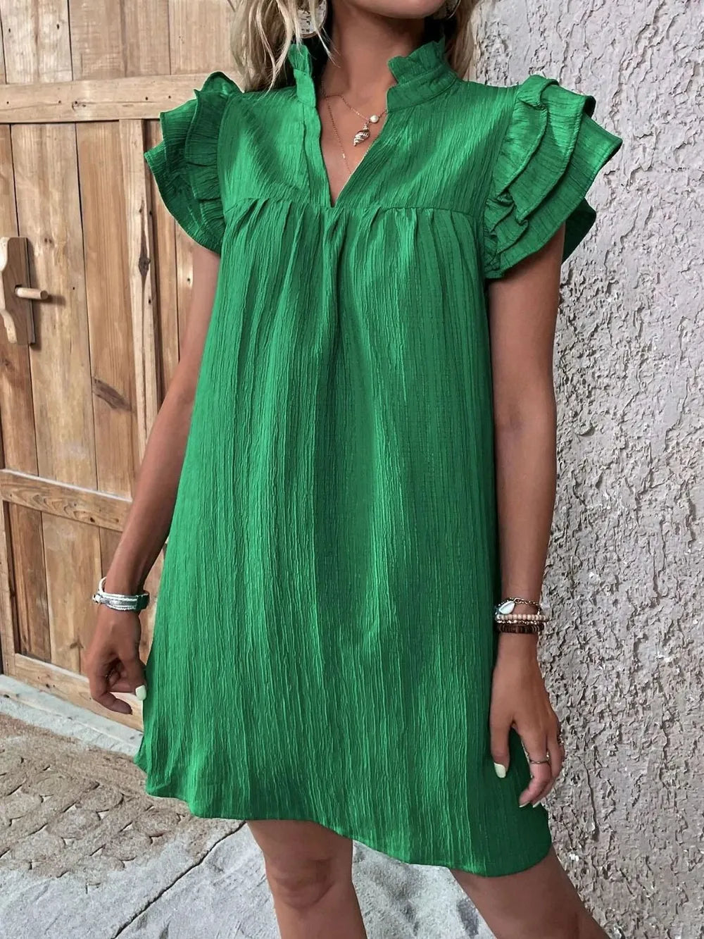 Ruffled Notched Cap Sleeve Mini Dress - Green