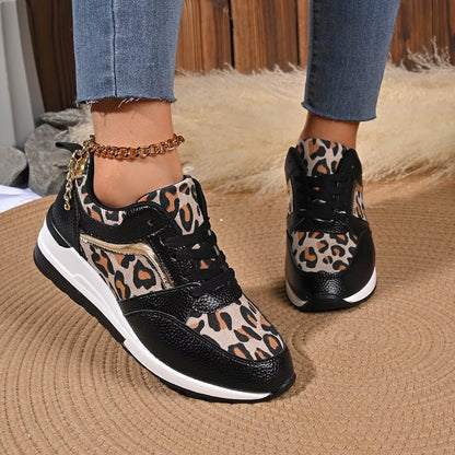 Leopard Lace Up Sneakers - Black