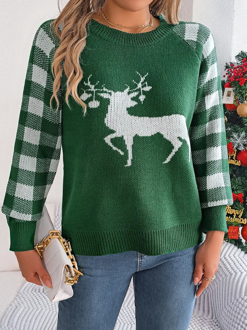 Reindeer Plaid Long Sleeve Sweater - Dark Green