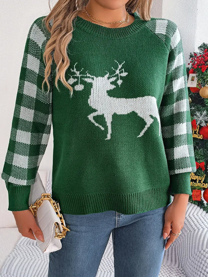 Reindeer Plaid Long Sleeve Sweater - Dark Green