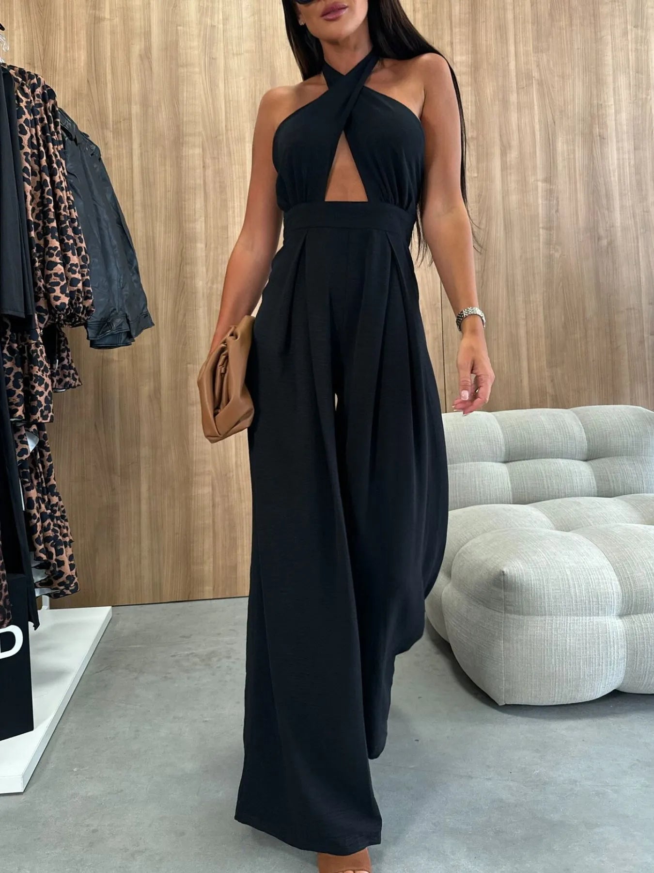 Wide Leg Cutout Halter Neck Jumpsuit - Black
