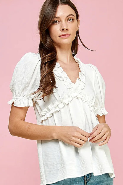 Ruffled Deep V-Neck Puff Sleeve Babydoll Top - Ivory