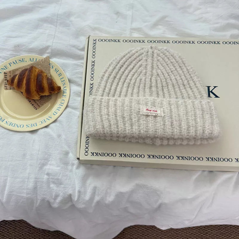 Warm Knitted Beanie Hat - Milky White One Size