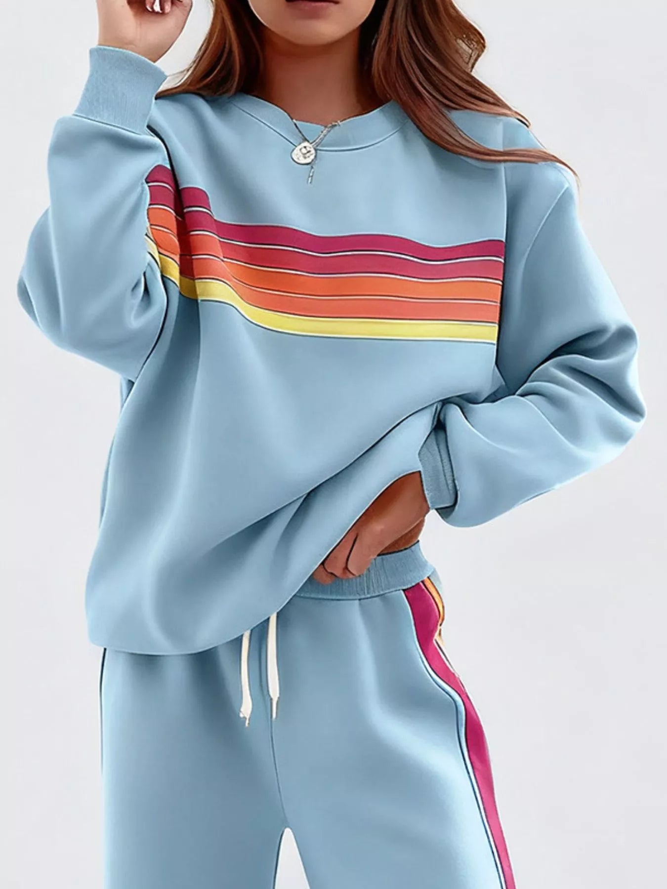Striped Round Neck Sweatshirt and Pants Set -