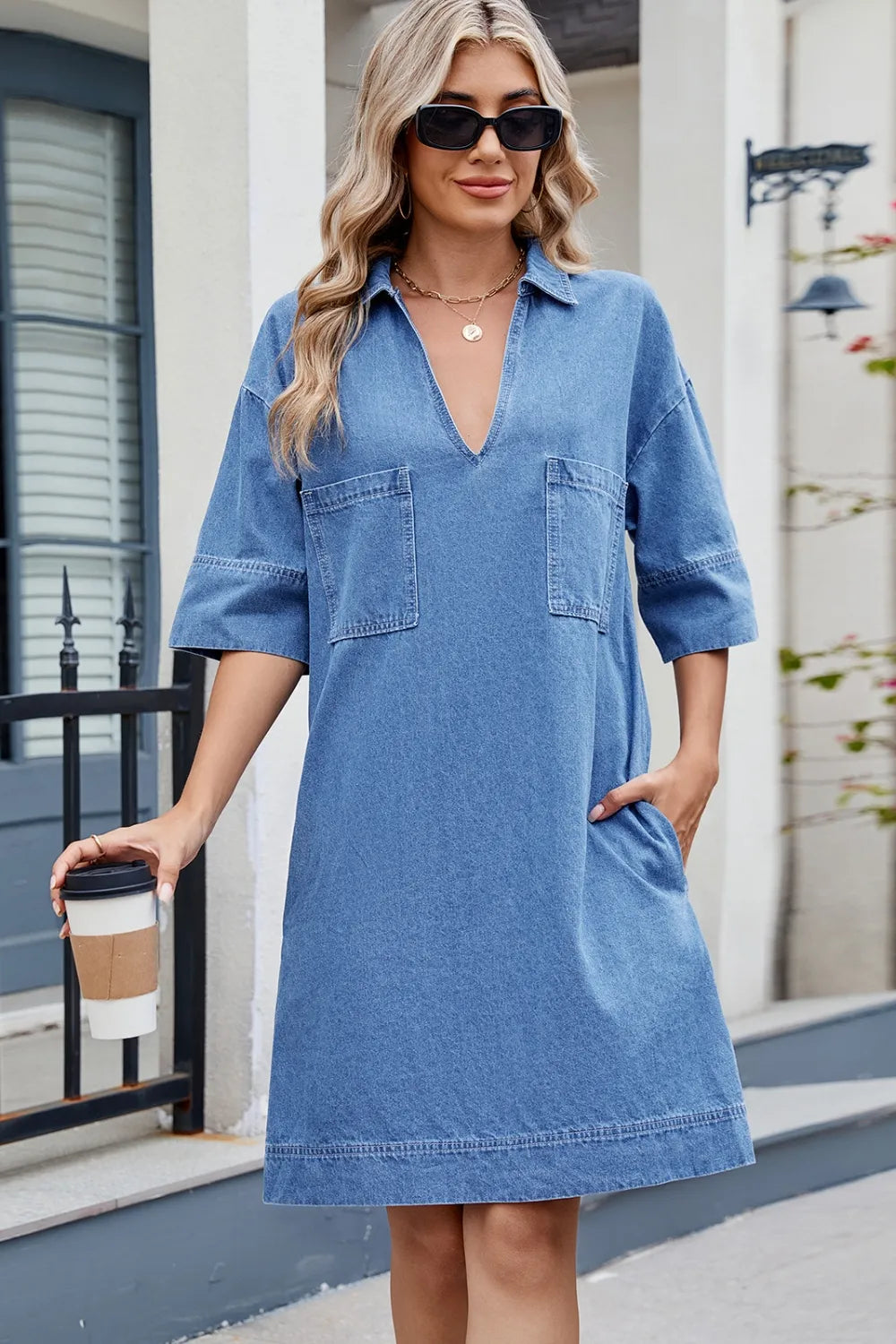 Johnny Collar Half Sleeve Denim Dress -