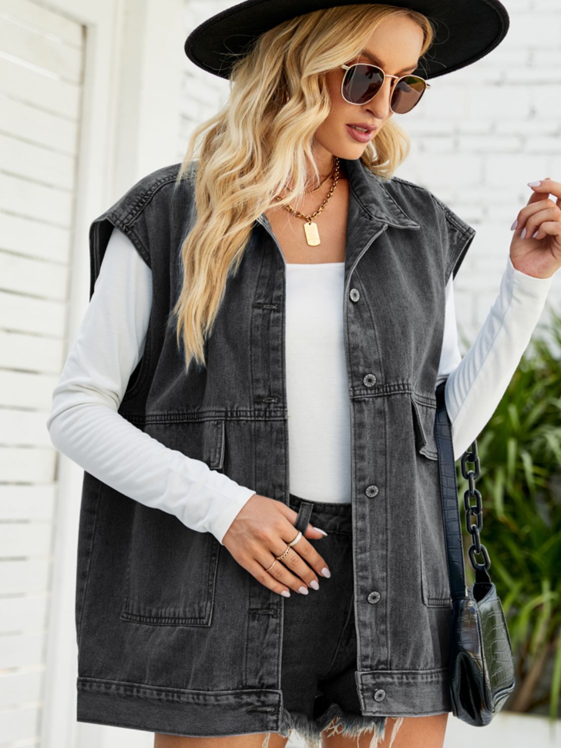 Collared Neck Sleeveless Denim Top - Dark