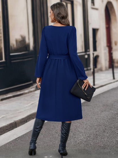 Buttoned Tie Front Asymmetrical Neck Dress